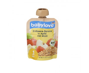 Quetschbeutel Erdbeere-Banane in Apfel mit Müsli 