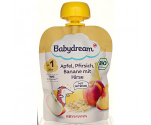 Bio Fruchtpüree Apfel, Pfirsich, Banane mit Hirse
