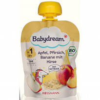 Bio Fruchtpüree Apfel, Pfirsich, Banane mit Hirse